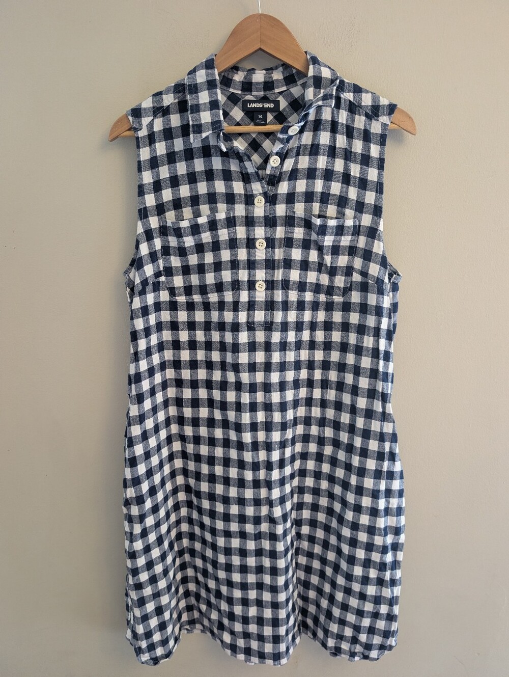 Lands' End Navy Check Gingham Linen Polo Tank Dress Size 14
